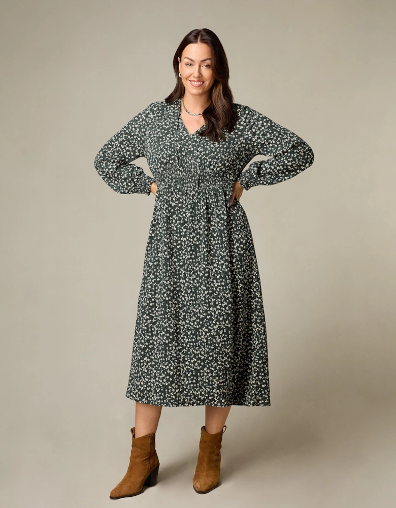 Petite Green Ditsy Jersey Shirred Waist Dress