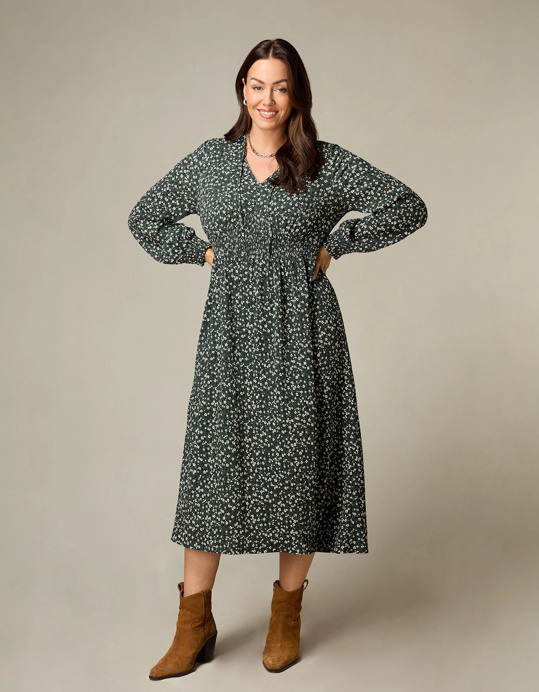 Petite Green Ditsy Jersey Shirred Waist Dress