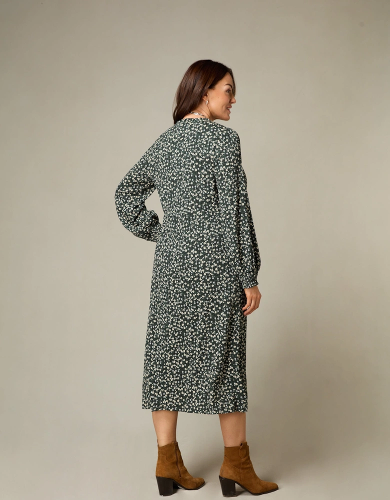 Petite Green Ditsy Jersey Shirred Waist Dress