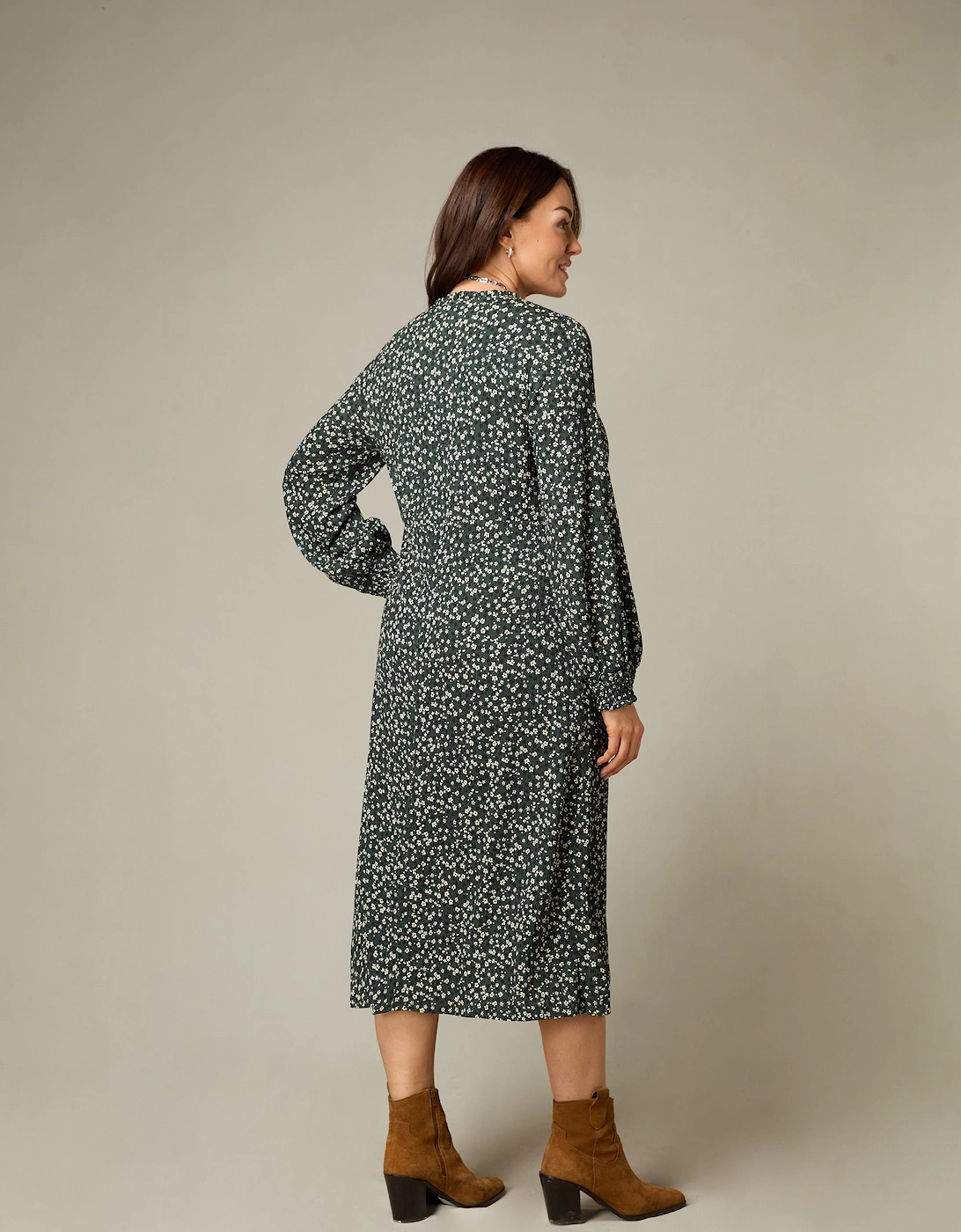 Petite Green Ditsy Jersey Shirred Waist Dress