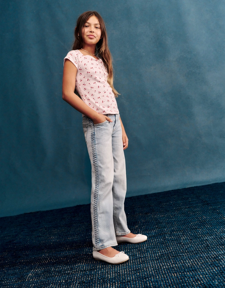 Abercrombie & Fitch Girls Braided HR Wide Leg Jeans in Blue