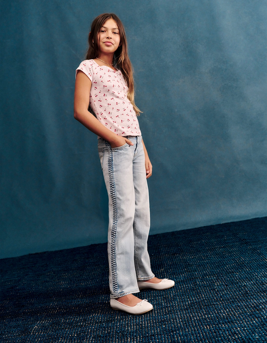 Abercrombie & Fitch Girls Braided HR Wide Leg Jeans in Blue