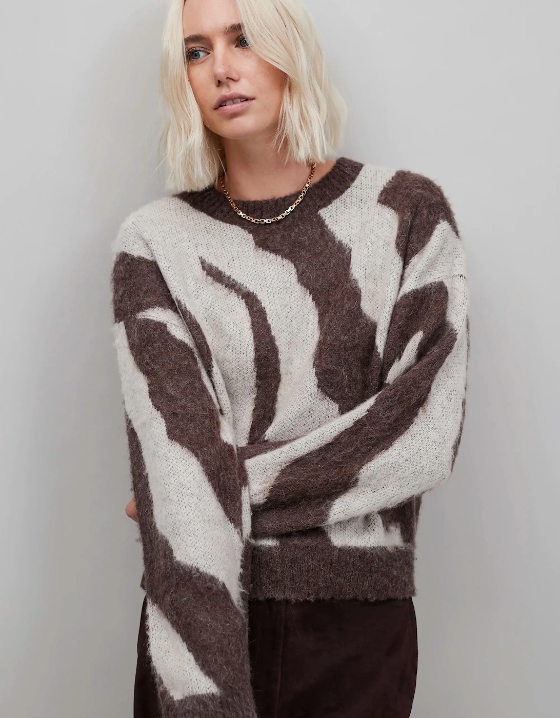 Brown Zebra Brushed Knit Jumper With Alpaca