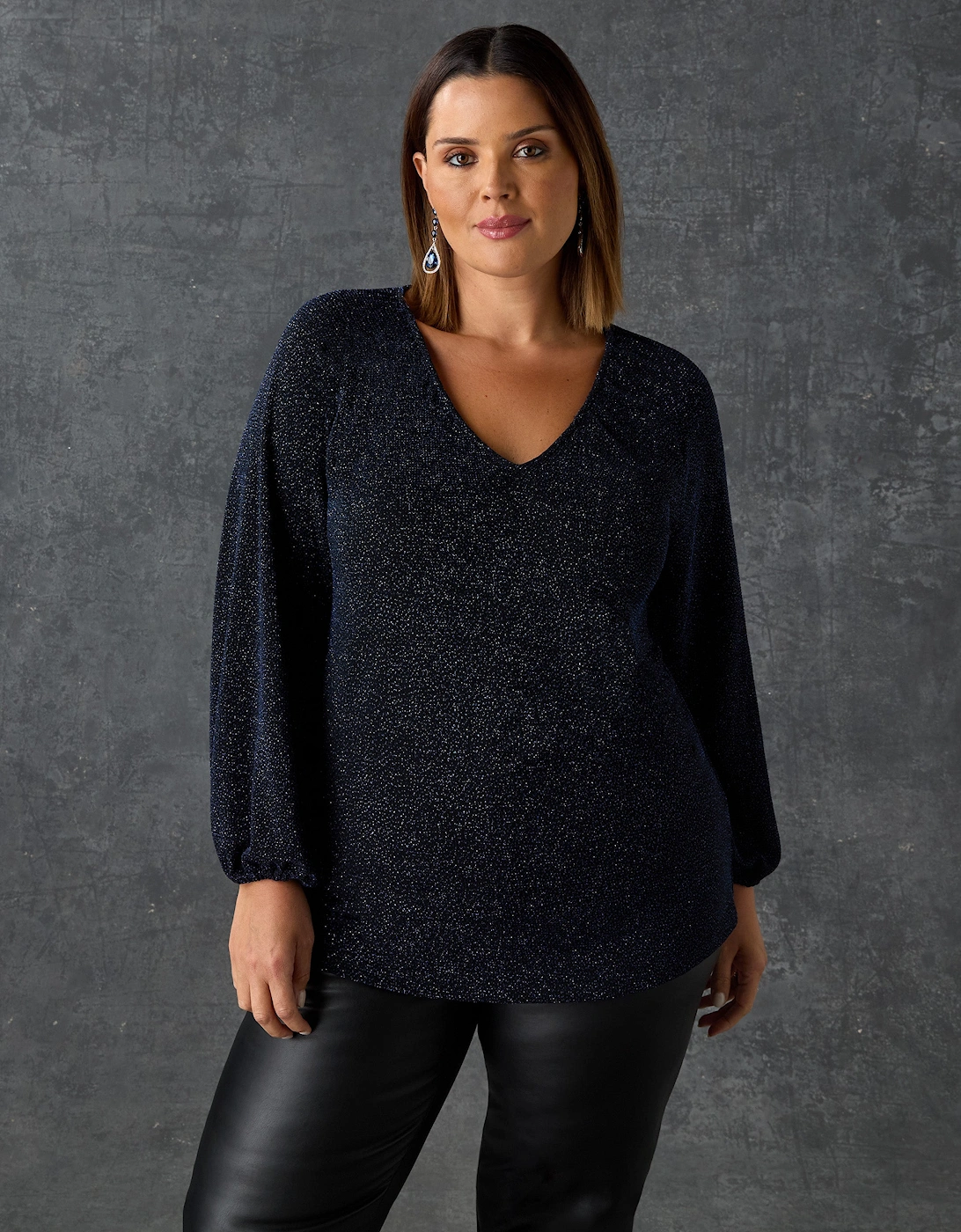 Navy Sparkle Jersey V-Neck Top