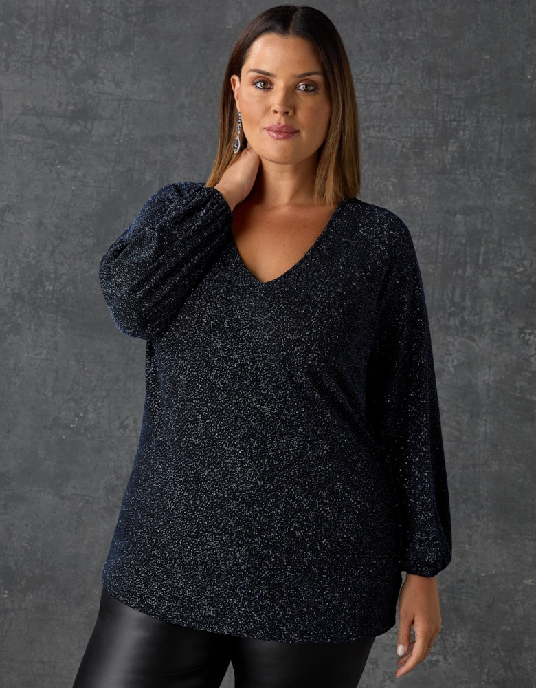 Navy Sparkle Jersey V-Neck Top