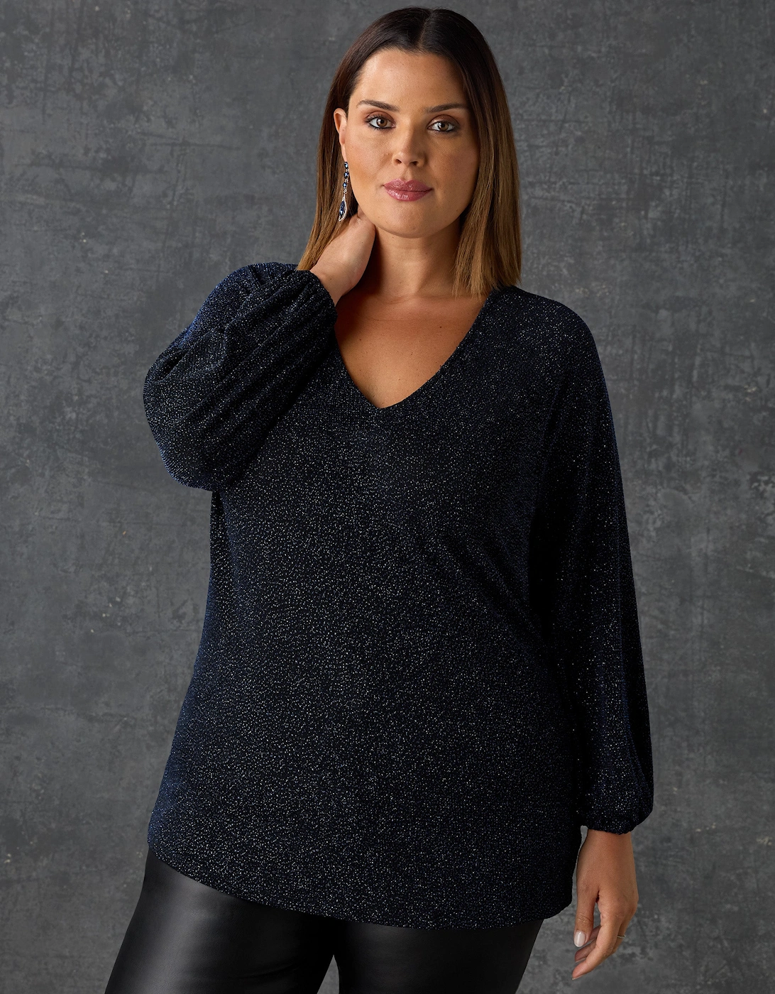 Navy Sparkle Jersey V-Neck Top