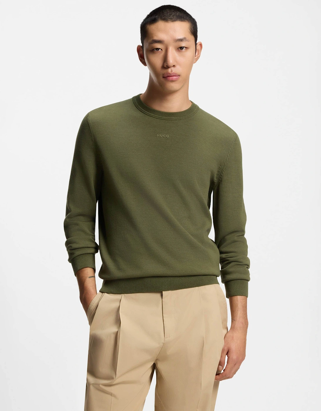 HUGO San Cassius-C2 Mens Crew Neck Jumper  - Olive 389