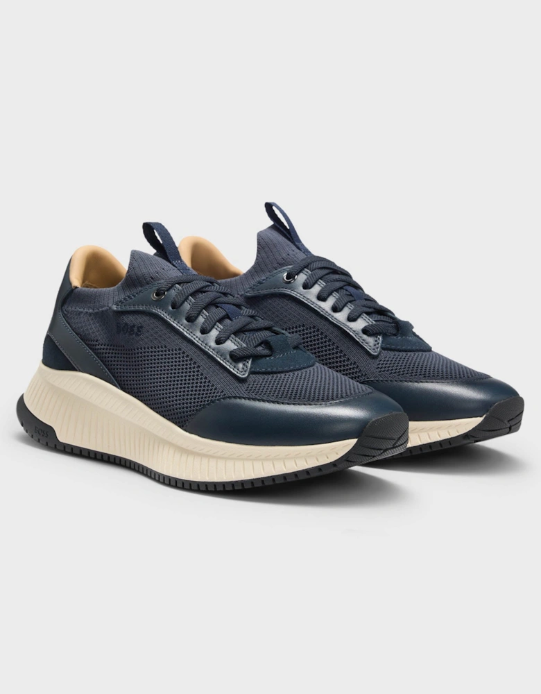 BOSS Orange TTNM EVO Mens trainers with knitted uppers and leather trims - Dark Blue 401