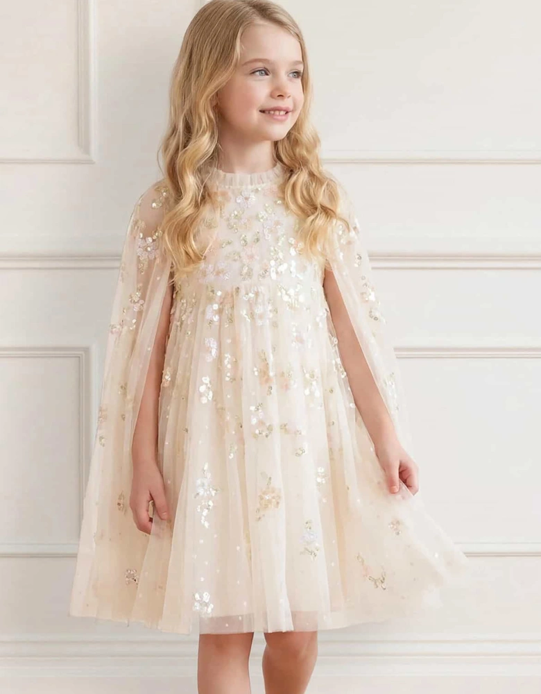 Needle & Thread Girls Freesia Shimmer Cape Dress in Ivory