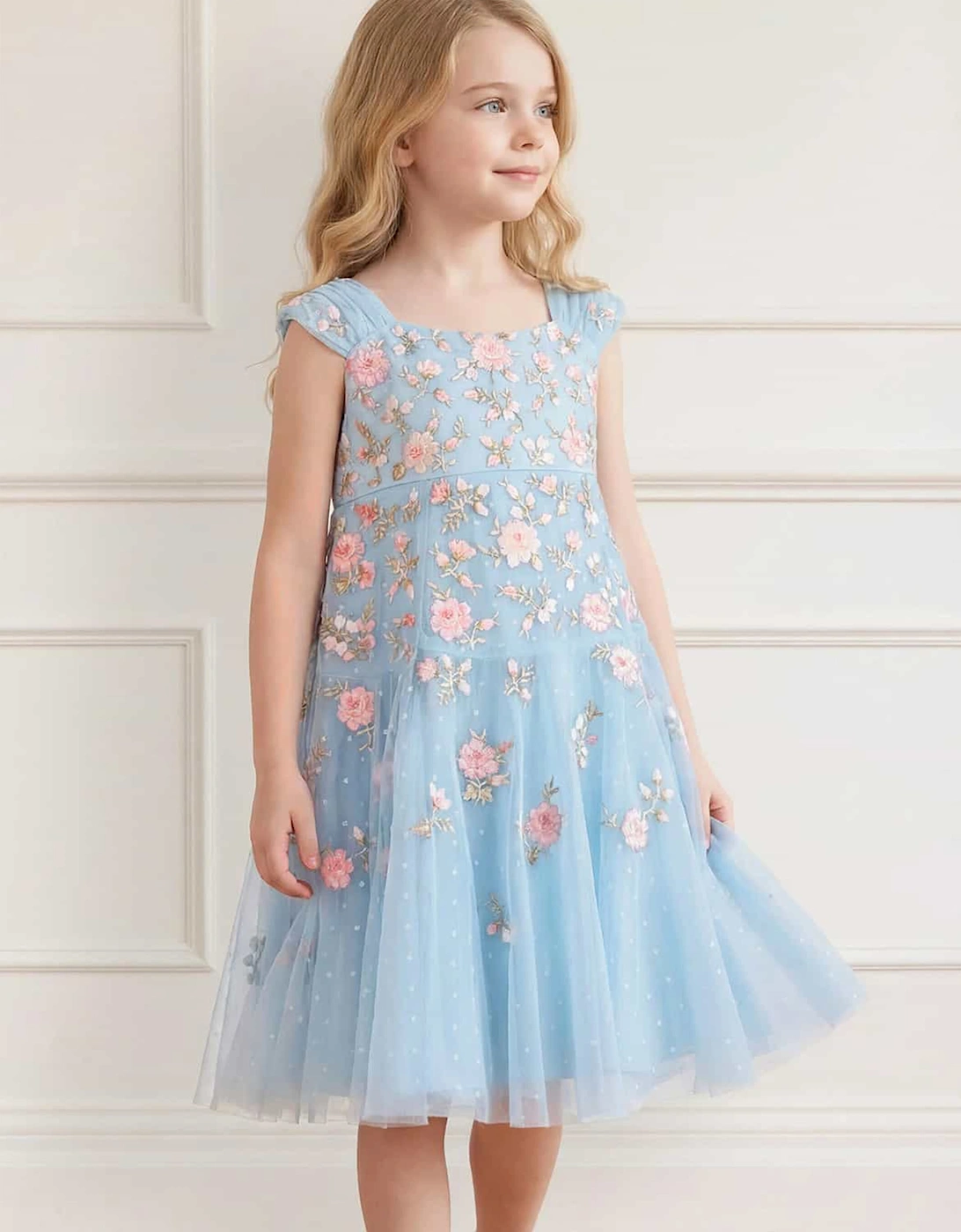 Needle & Thread Girls Mayflower Ditsy Dress in Blue