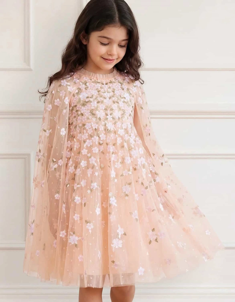 Needle & Thread Girls Camellia Ditsy Cape Dress in Pink