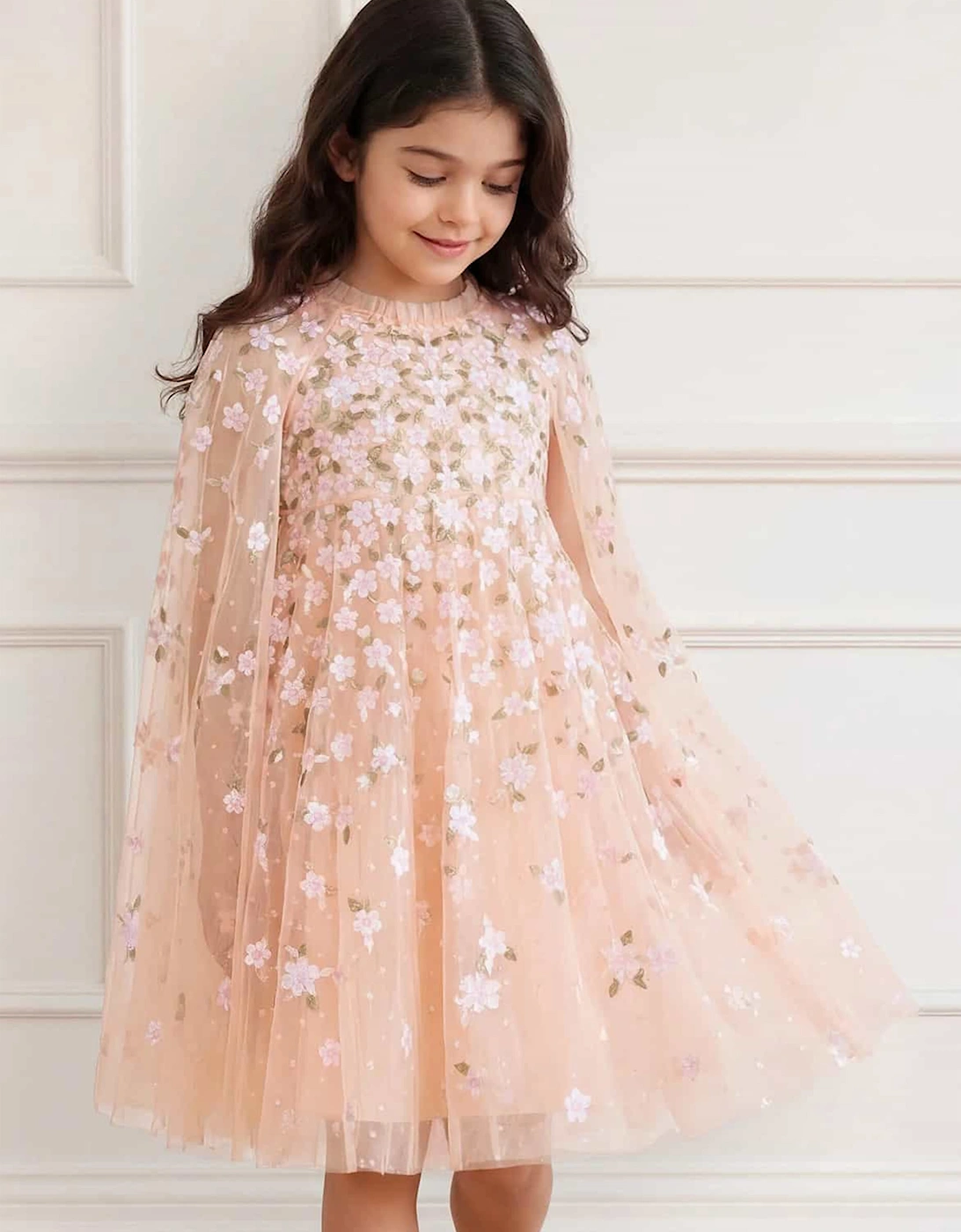 Needle & Thread Girls Camellia Ditsy Cape Dress in Pink