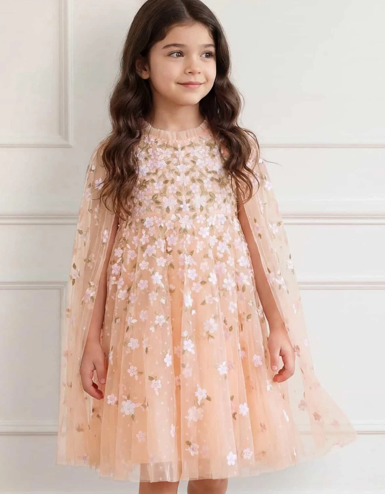 Needle & Thread Girls Camellia Ditsy Cape Dress in Pink