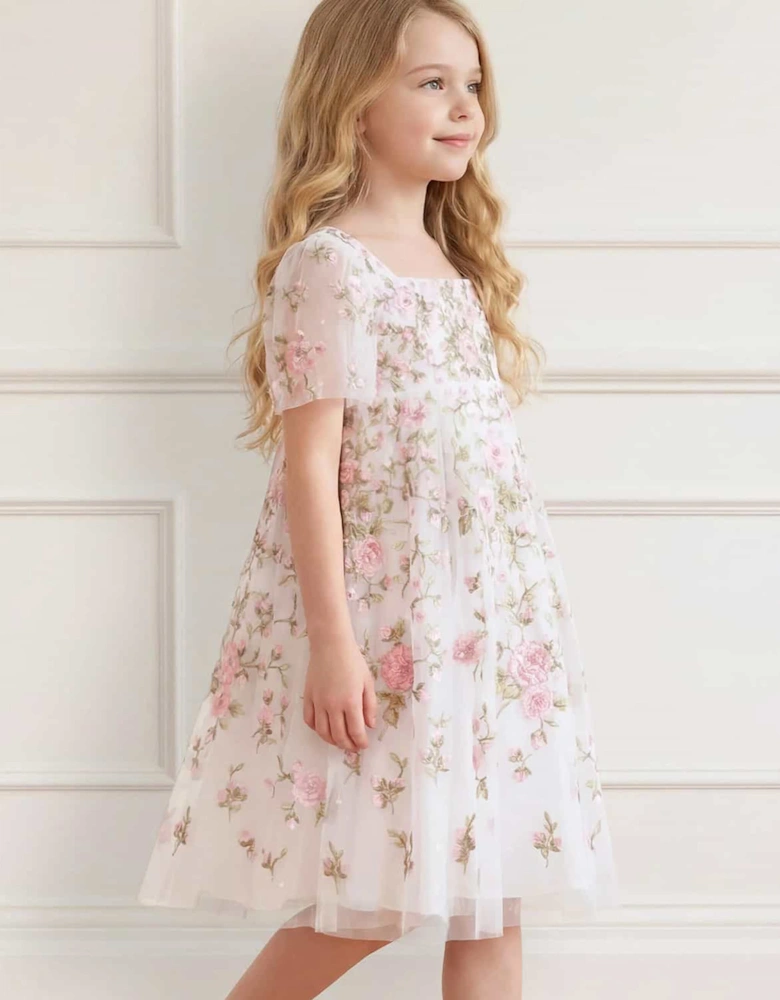 Needle & Thread Girls Eden Rose Short Sleeve Dress in White