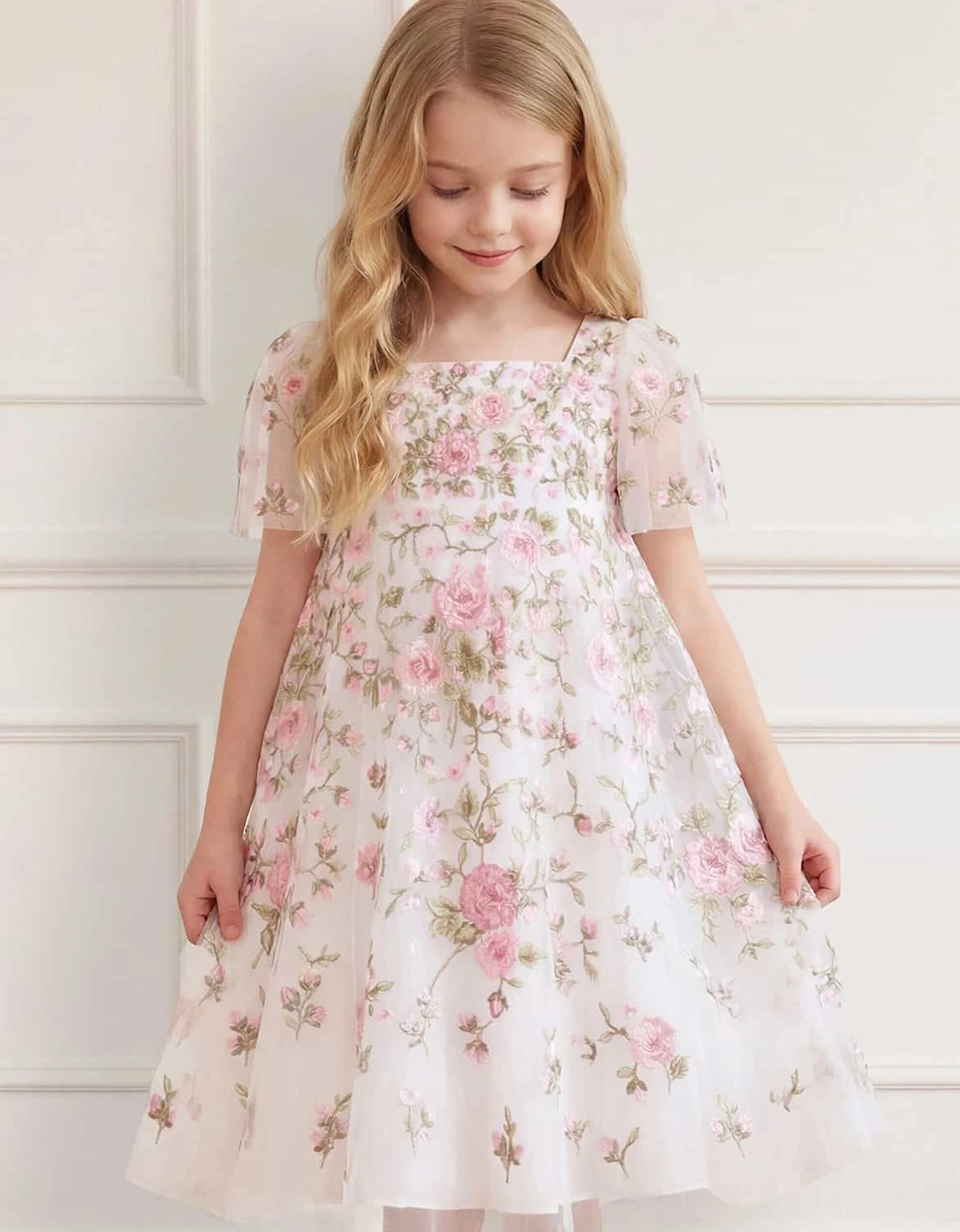 Needle & Thread Girls Eden Rose Short Sleeve Dress in White