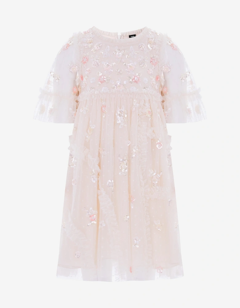 Needle & Thread Girls Shimmer Ditsy Short Sleeve Dress in Ivory