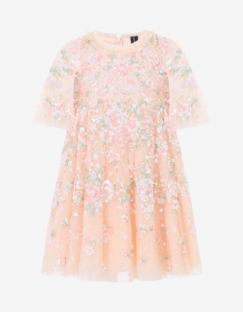 Needle & Thread Girls Sequin Bouquet Cape Dress in Pink
