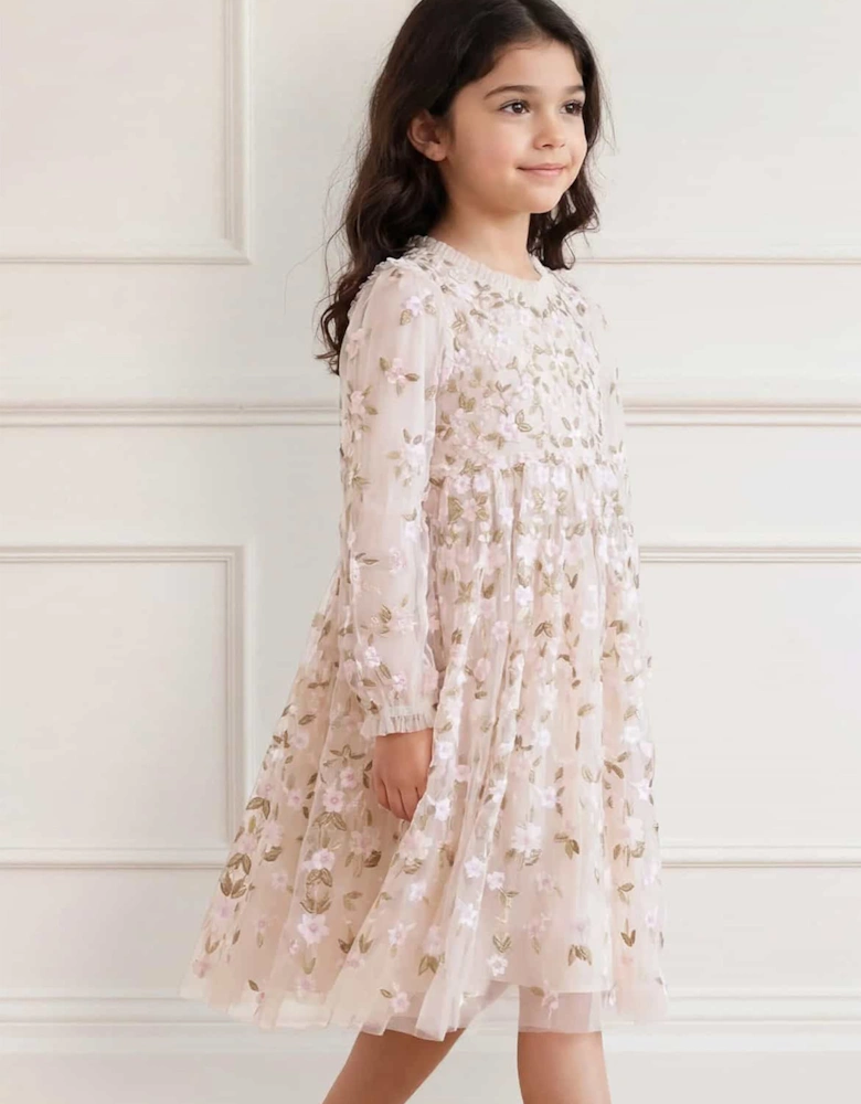 Needle & Thread Girls Camellia Ditsy Long Sleeve Dress in Ivory