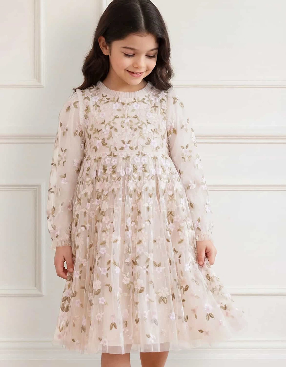 Needle & Thread Girls Camellia Ditsy Long Sleeve Dress in Ivory