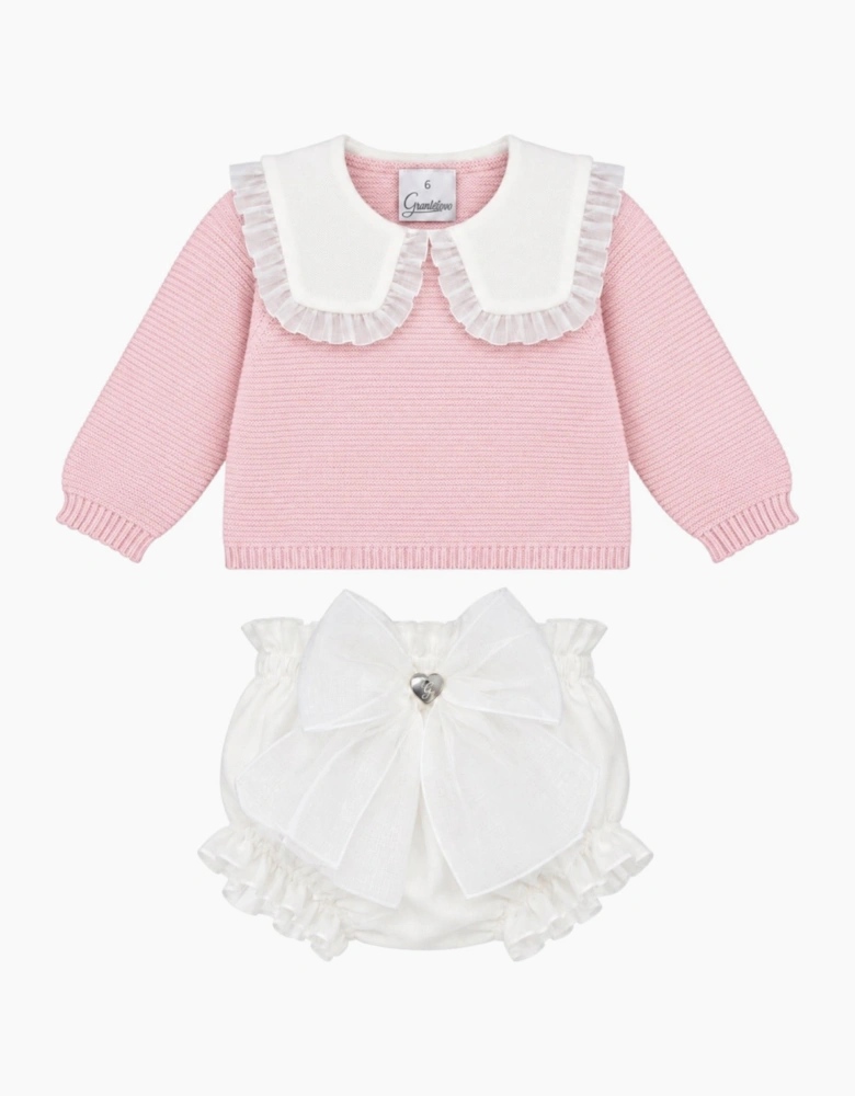 Girls Pale Pink Knit Organza Jam Pant Set