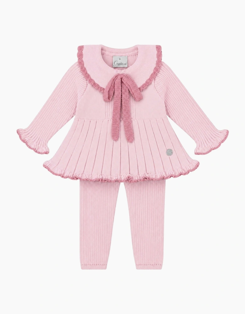 Girls Pale Pink Knit Ribbed Trouser Set