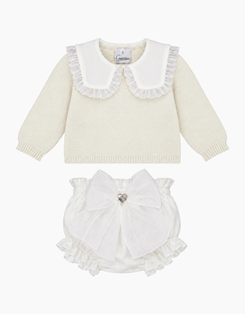 Girls Cream Knit Organza Jam Pant Set