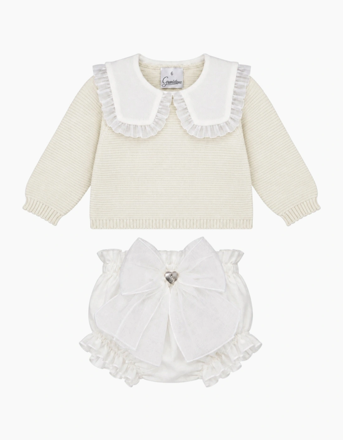 Girls Cream Knit Organza Jam Pant Set