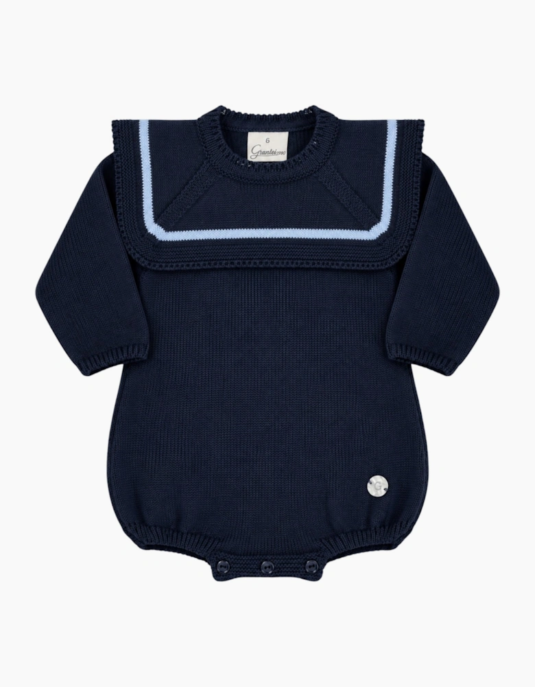 Boys Navy Knit Collared Romper