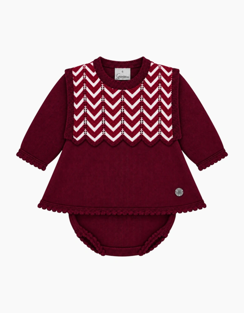 Girls Burgundy Knit Zig Zag Dress Set
