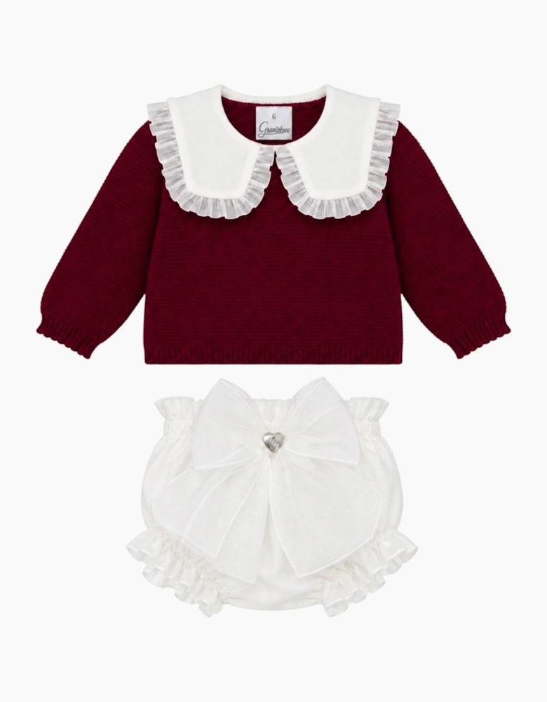 Girls Burgundy Knit Organza Jam Pant Set