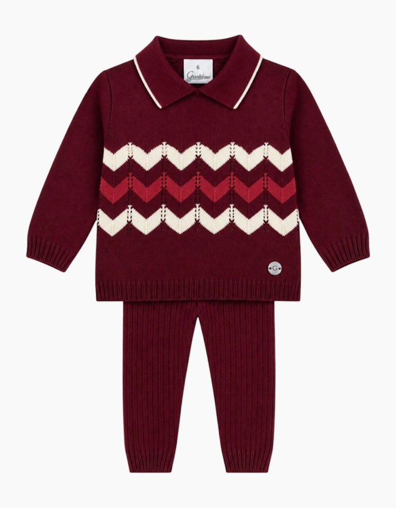 Boys Burgundy Knit Zig Zag Ribbed Trouser Set