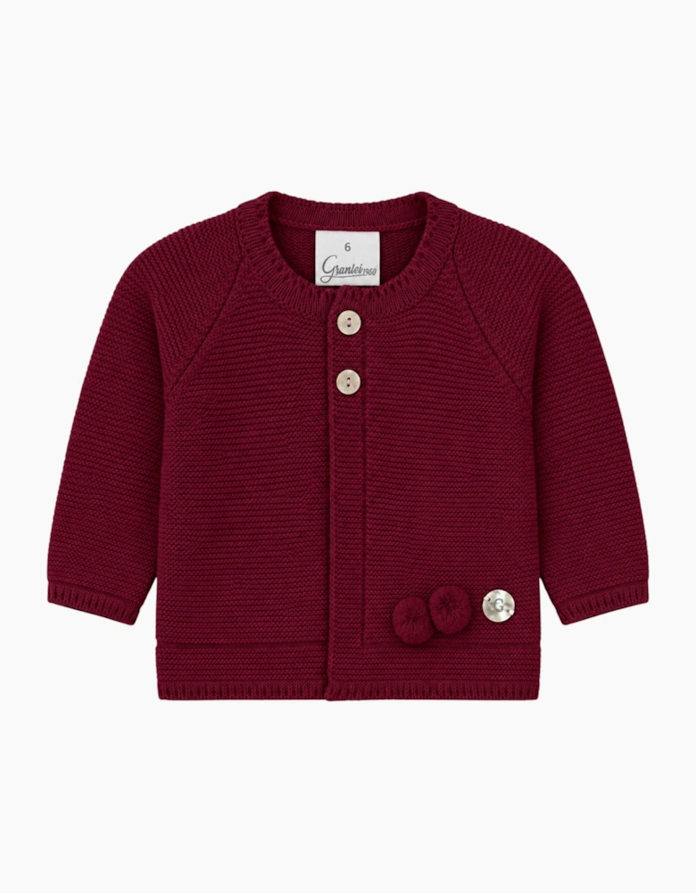 Burgundy Knit Pom Pom Cardigan