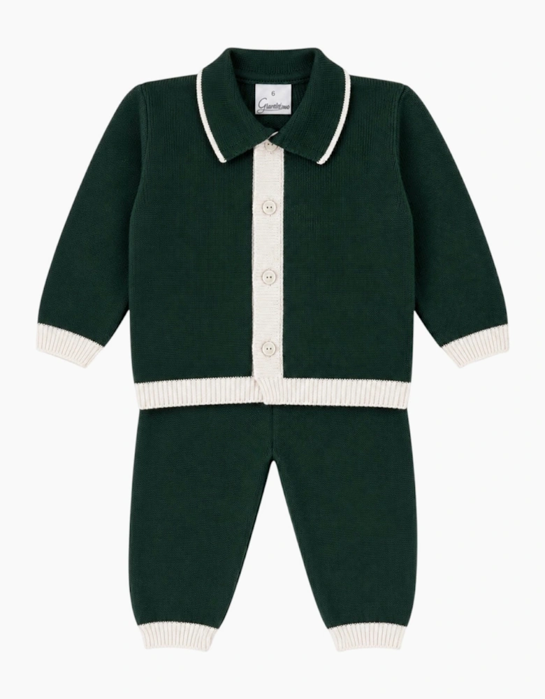 Boys Bottle Green Knit Button Up Trouser Set