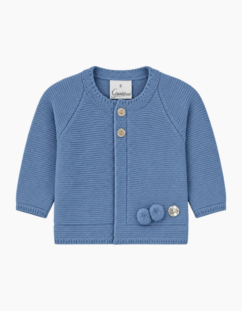 Boys Blue Knit Pom Pom Cardigan