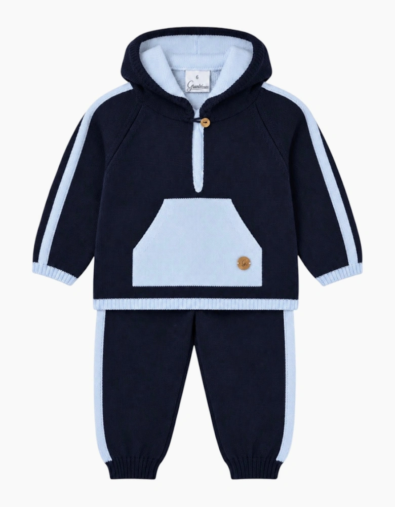 Boys Navy Knit Hooded Tracksuit