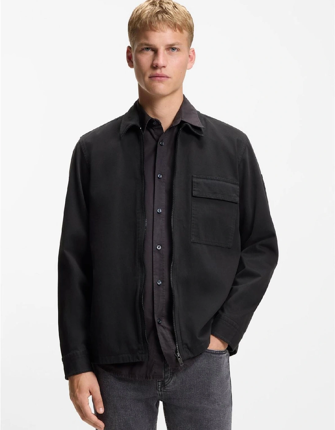 Solid Patterned Shirt Collar Press Stud Cuff Shirt Jacket