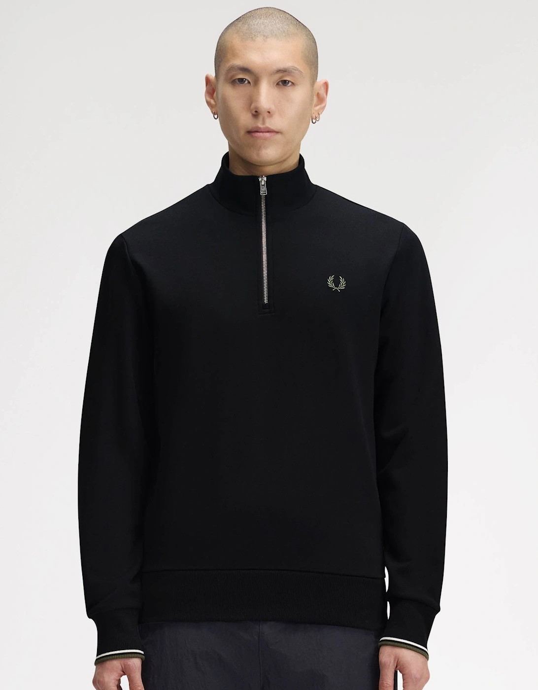 Fred Perry Mens Half Zip Sweatshirt - Black/Ecru/Laurel Wreath Green W54