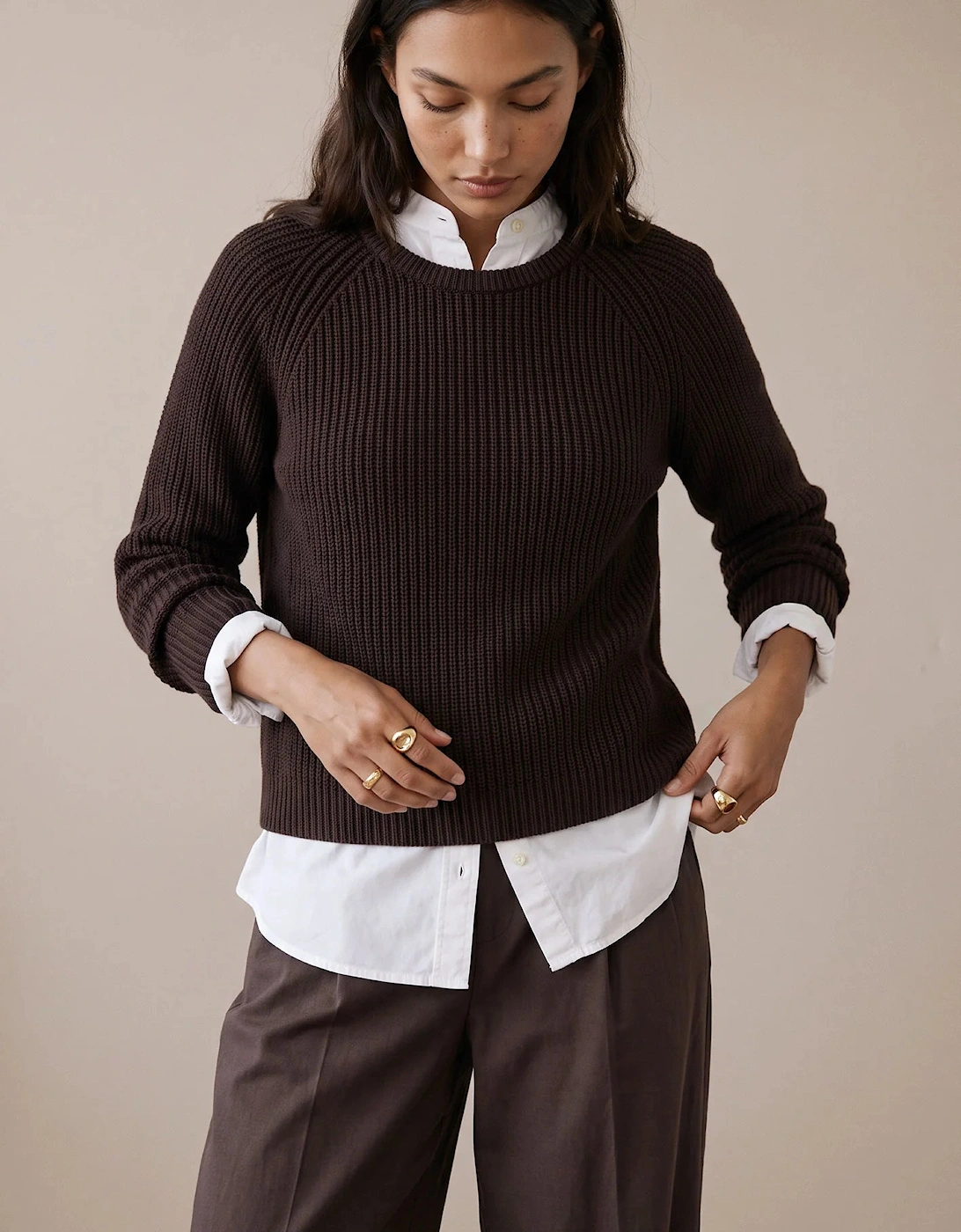 O neck cotton pullover in espresso