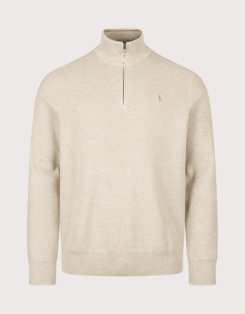 Regular Fit Quarter Zip Cotton Mesh Knitted Jumper