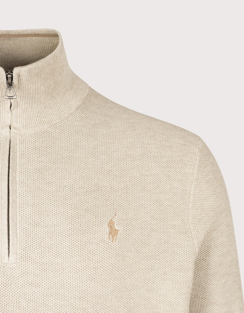 Regular Fit Quarter Zip Cotton Mesh Knitted Jumper