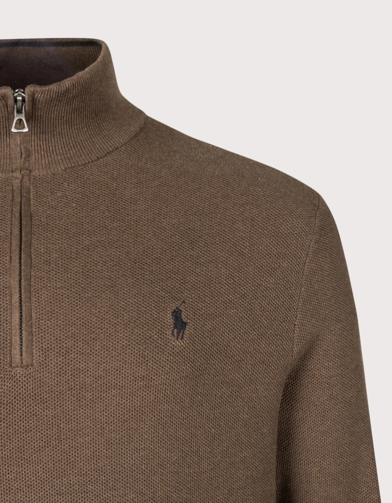 Regular Fit Quarter Zip Cotton Mesh Knitted Jumper