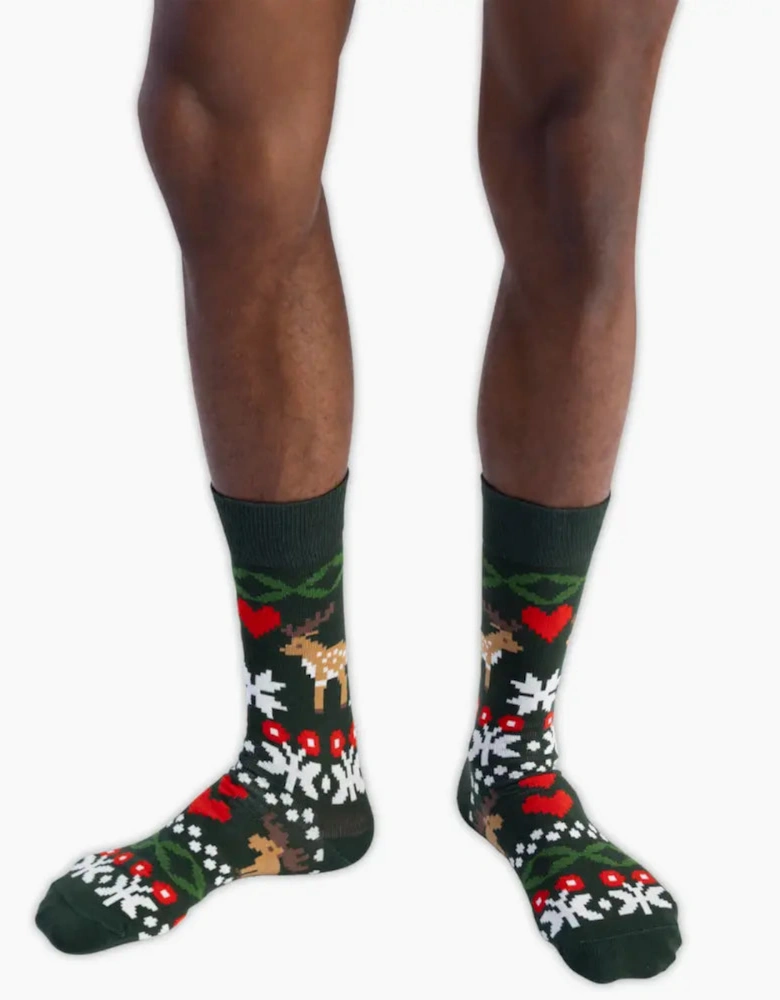 Fair Isle Reindeer Love Socks, Dark Green