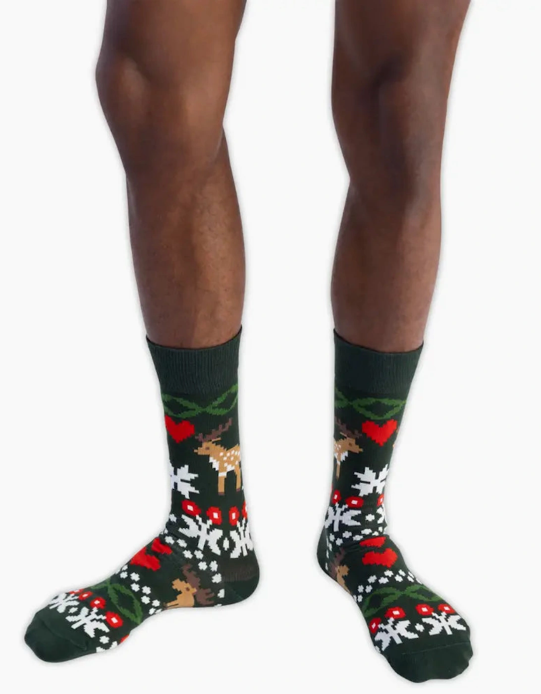 Fair Isle Reindeer Love Socks, Dark Green