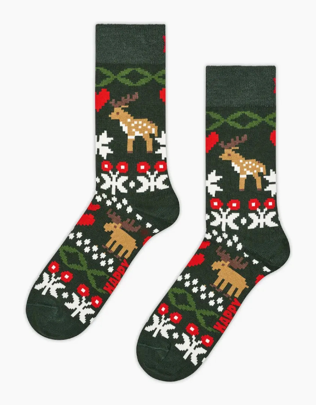 Fair Isle Reindeer Love Socks, Dark Green