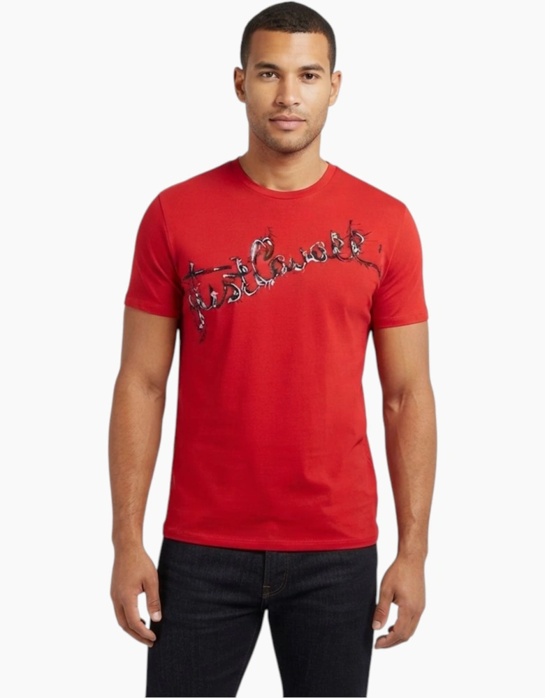 JUST CAVALLI S03GC0368 Mens T-Shirt Logo Print Short Sleeve Tops Cotton Red Tee