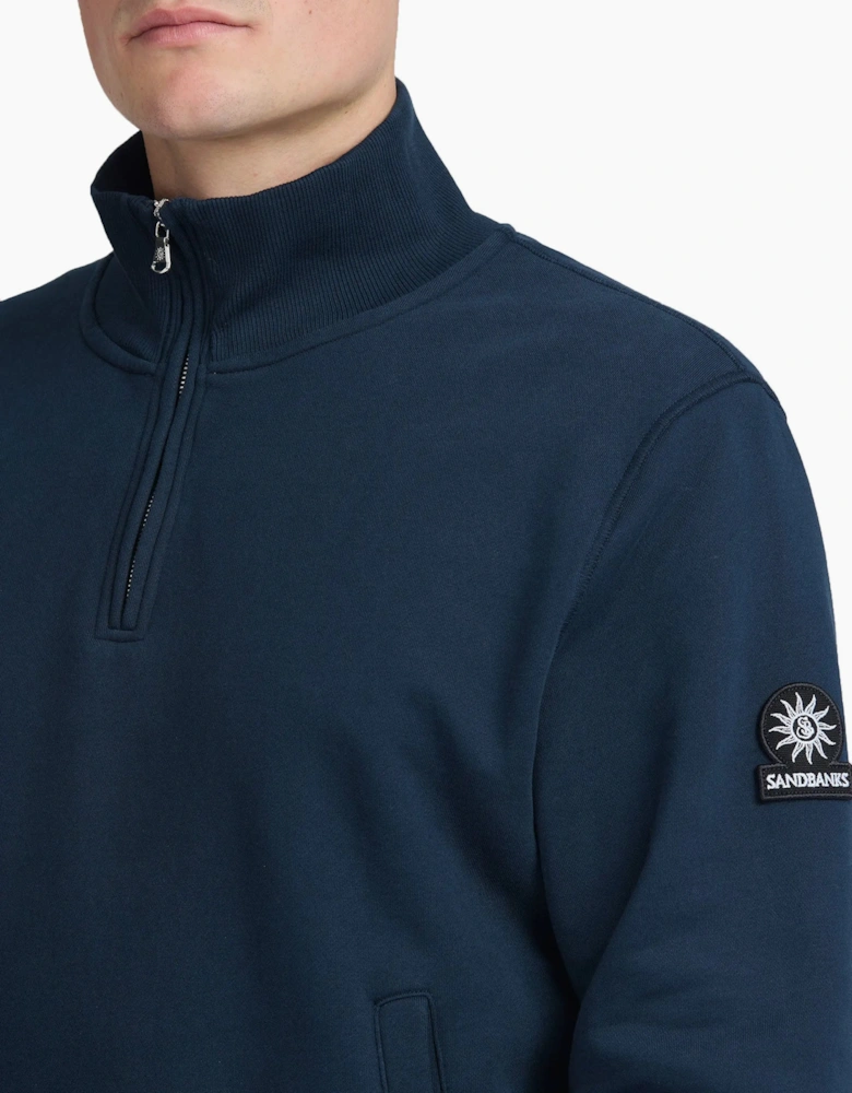 SANDBANKS BADGE LOGO QUARTER ZIP SWEATSHIRT NAVY