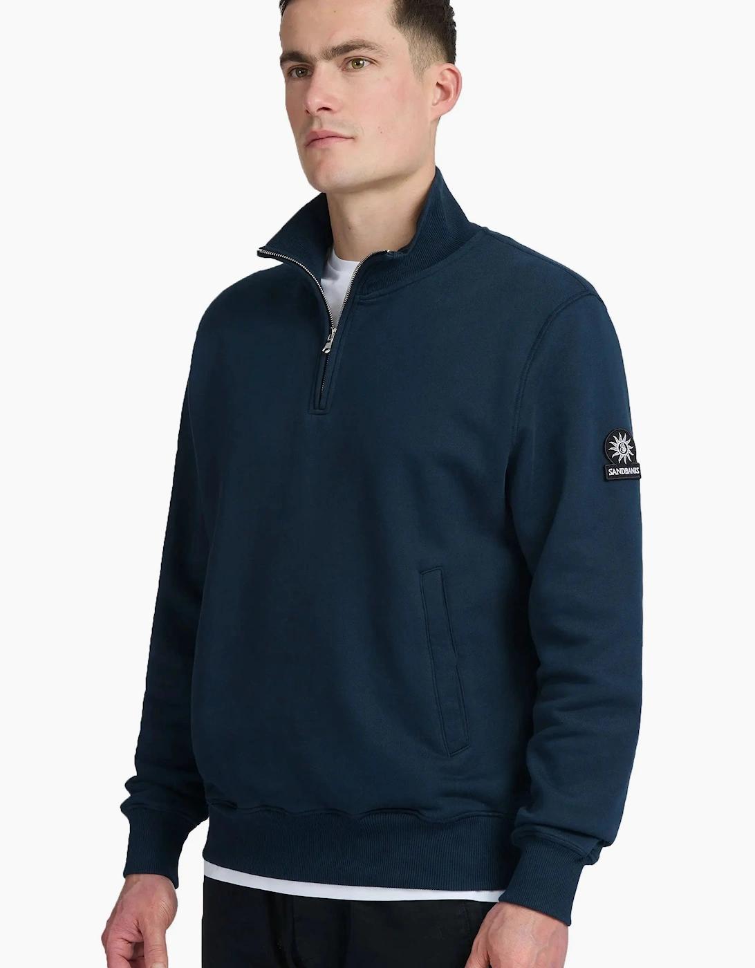 SANDBANKS BADGE LOGO QUARTER ZIP SWEATSHIRT NAVY