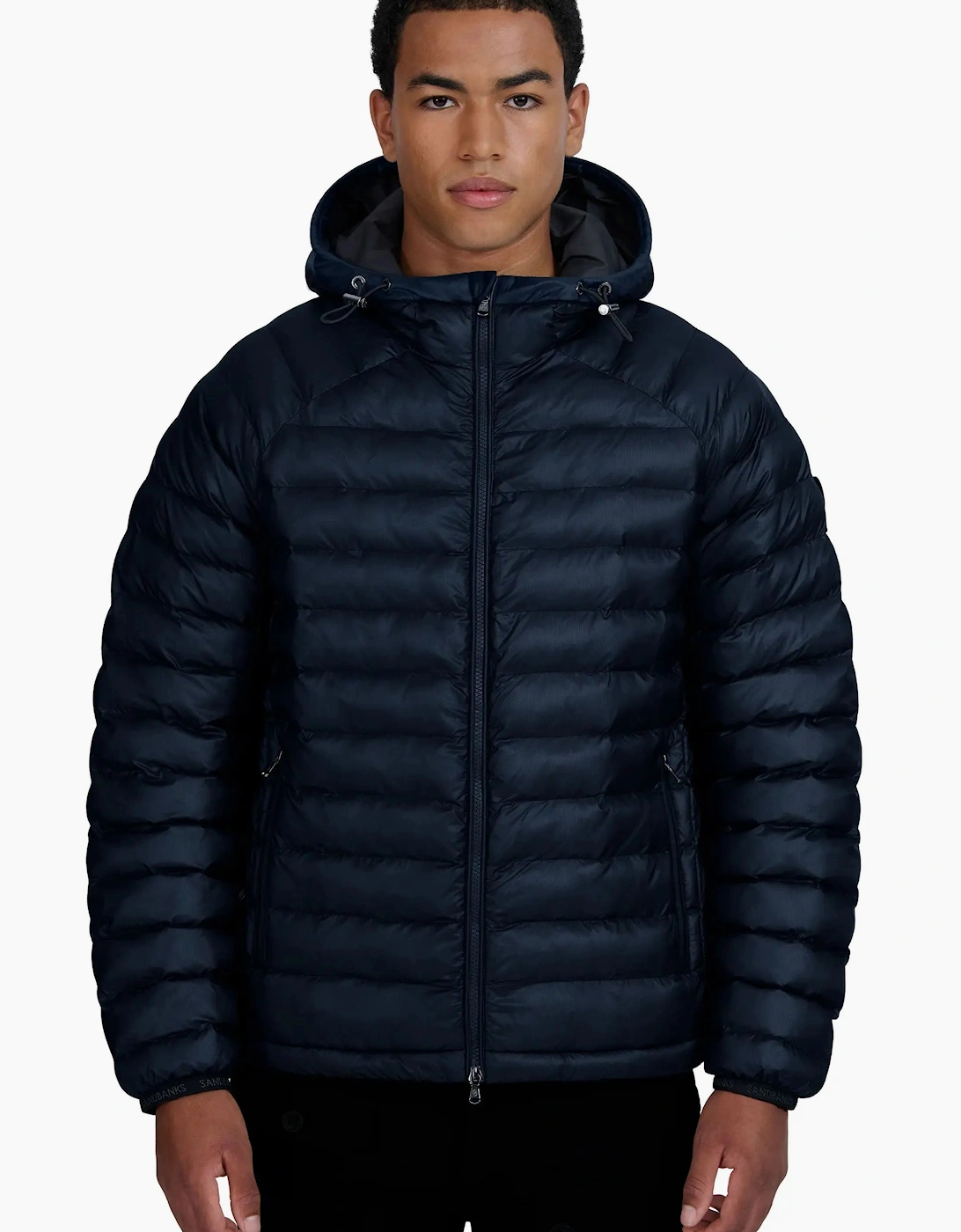 SANDBANKS HOODED RIPSTOP MICRO PUFFER JACKET NAVY