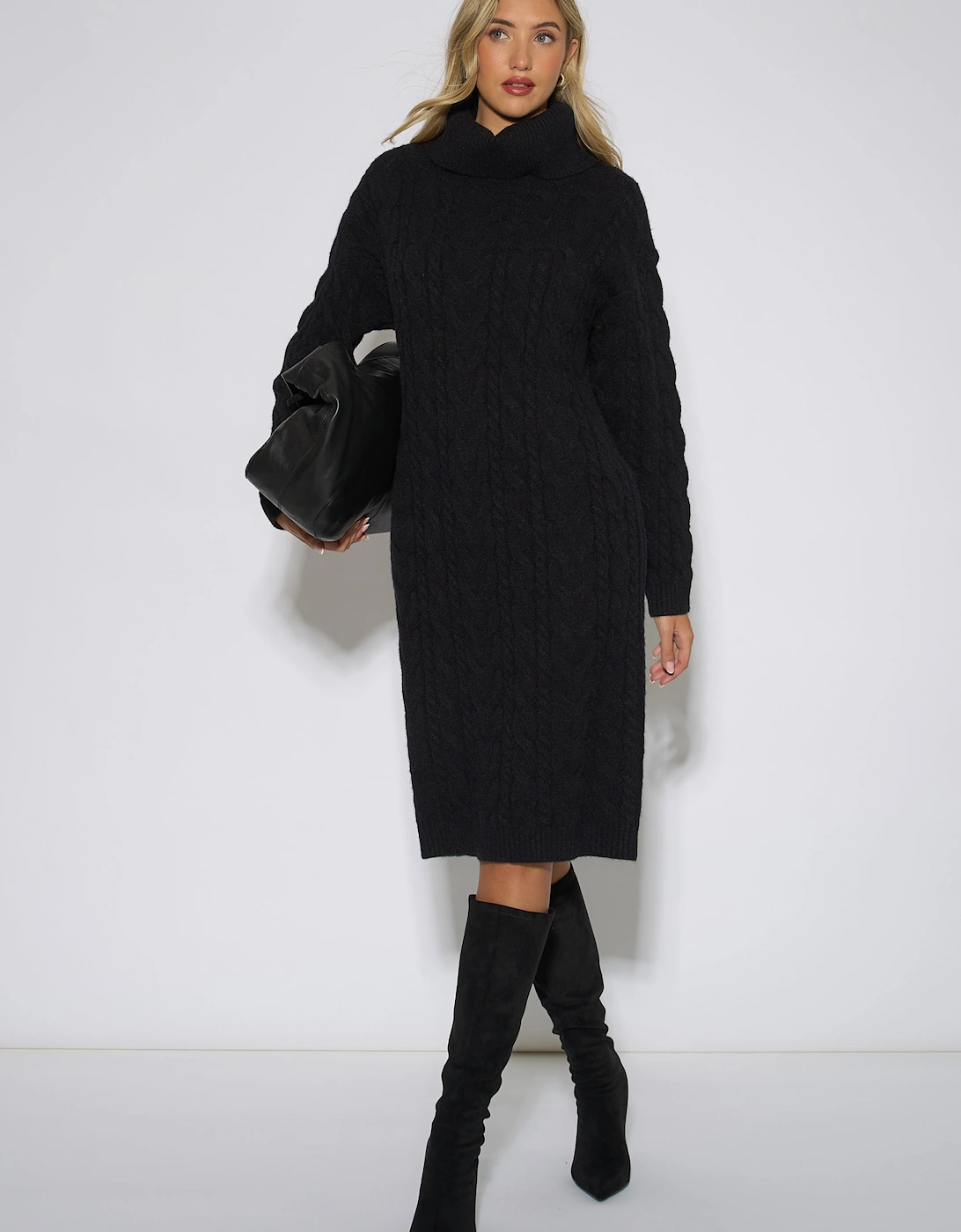 Black High Neck Cable Knit Shift Dress