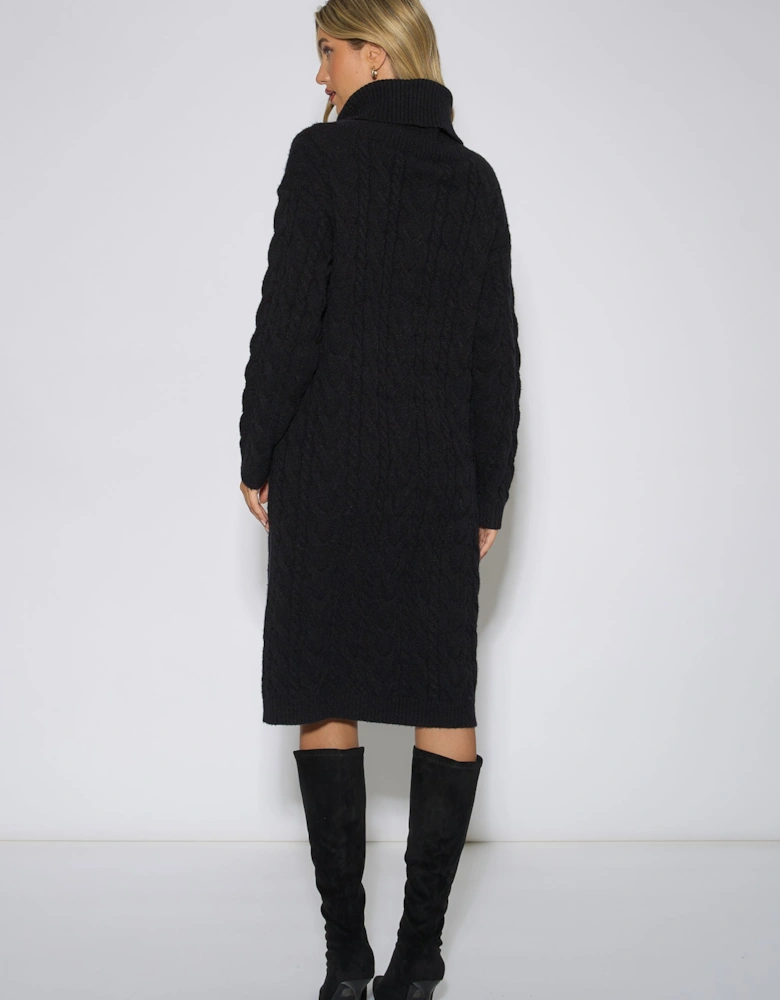 Black High Neck Cable Knit Shift Dress